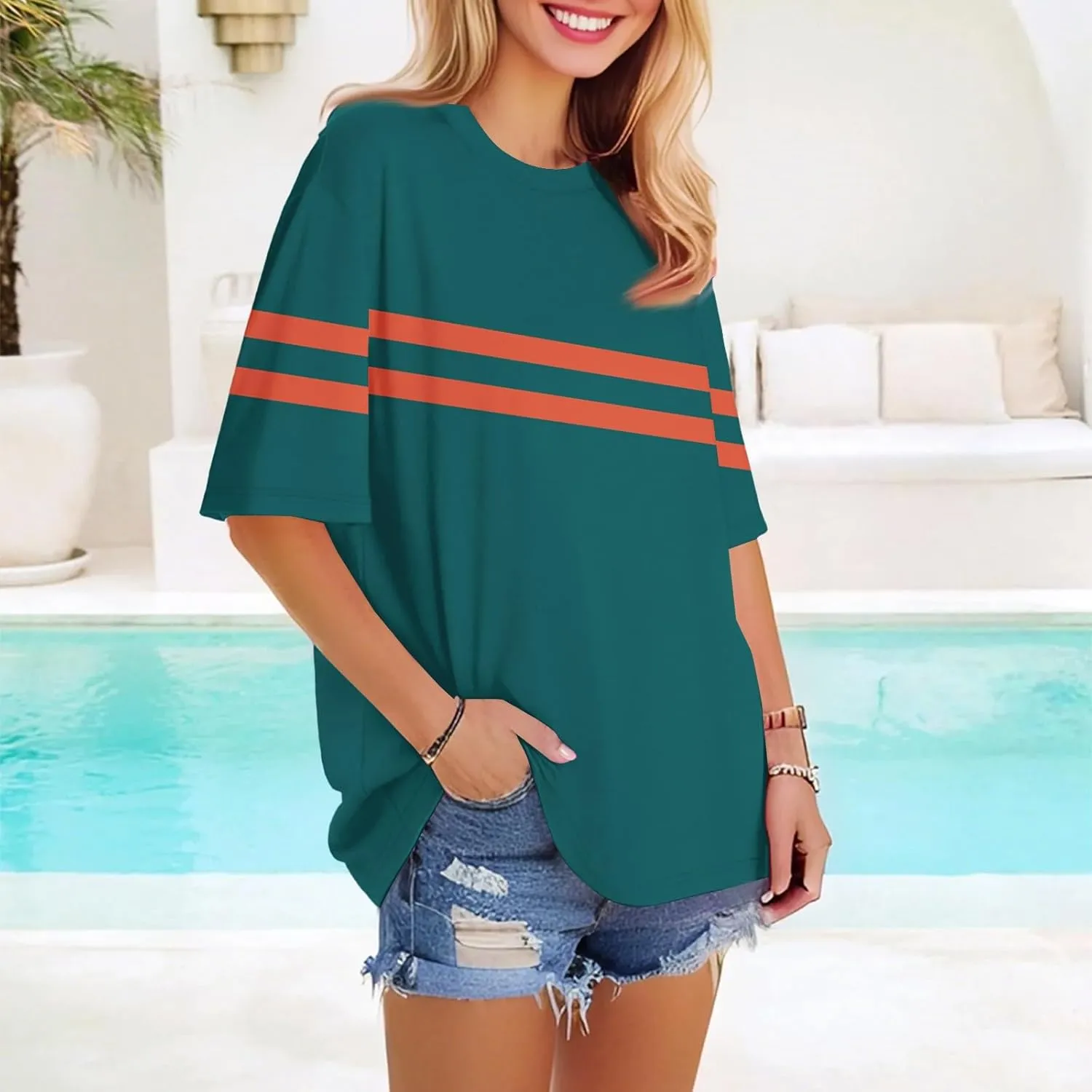 Womens Oversized Striped T Shirts Loose Fit Crewneck Short Sleeve Tops Summer Casual Blouse Y2K 2025 Basic Tee