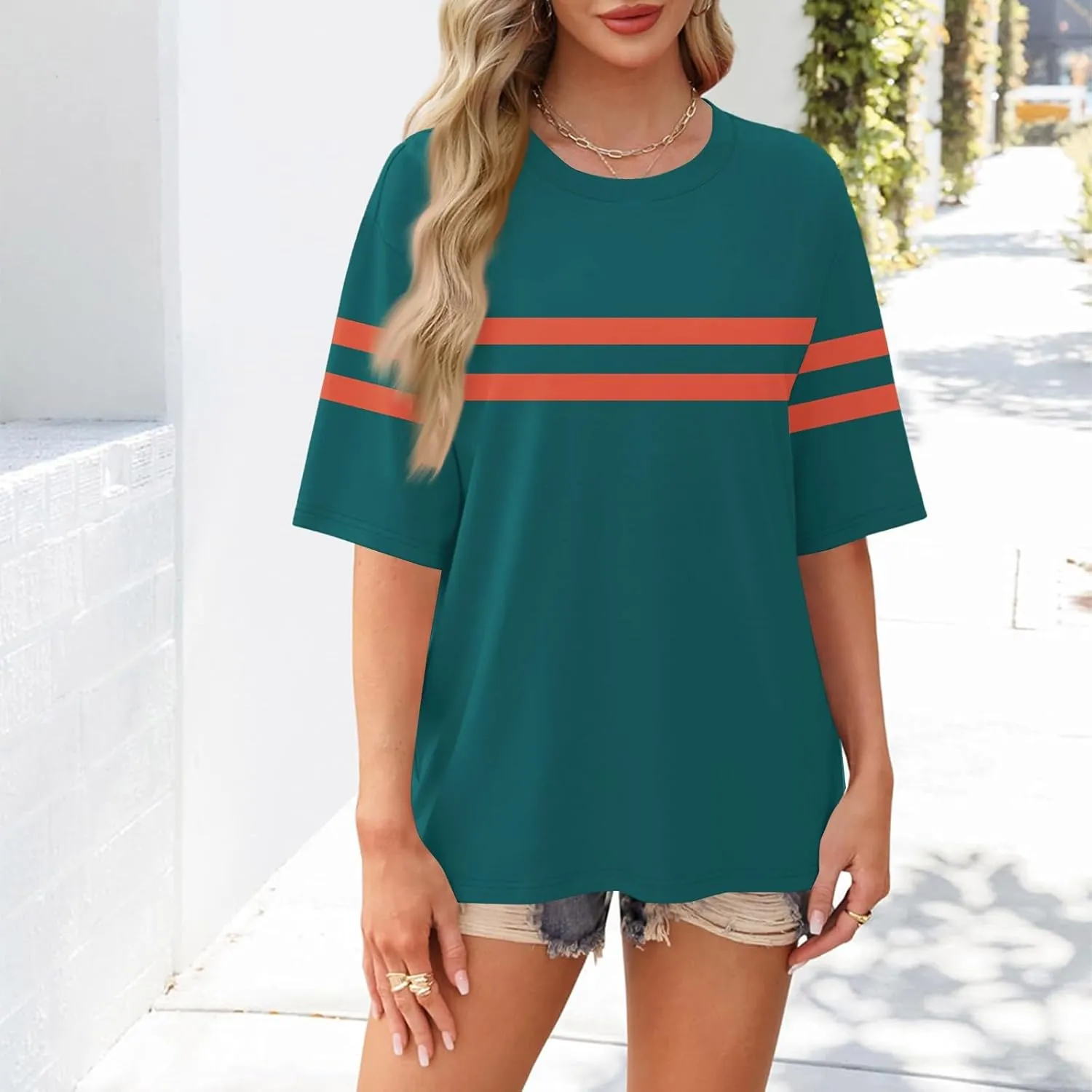 Womens Oversized Striped T Shirts Loose Fit Crewneck Short Sleeve Tops Summer Casual Blouse Y2K 2025 Basic Tee