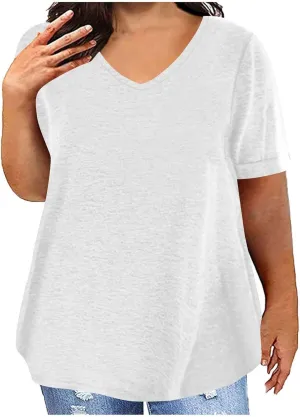 Womens Plus Size Summer Tops Short Sleeve V Neck T Shirts Casual Loose Fit Solid Tshirts Oversized Going Out Tees