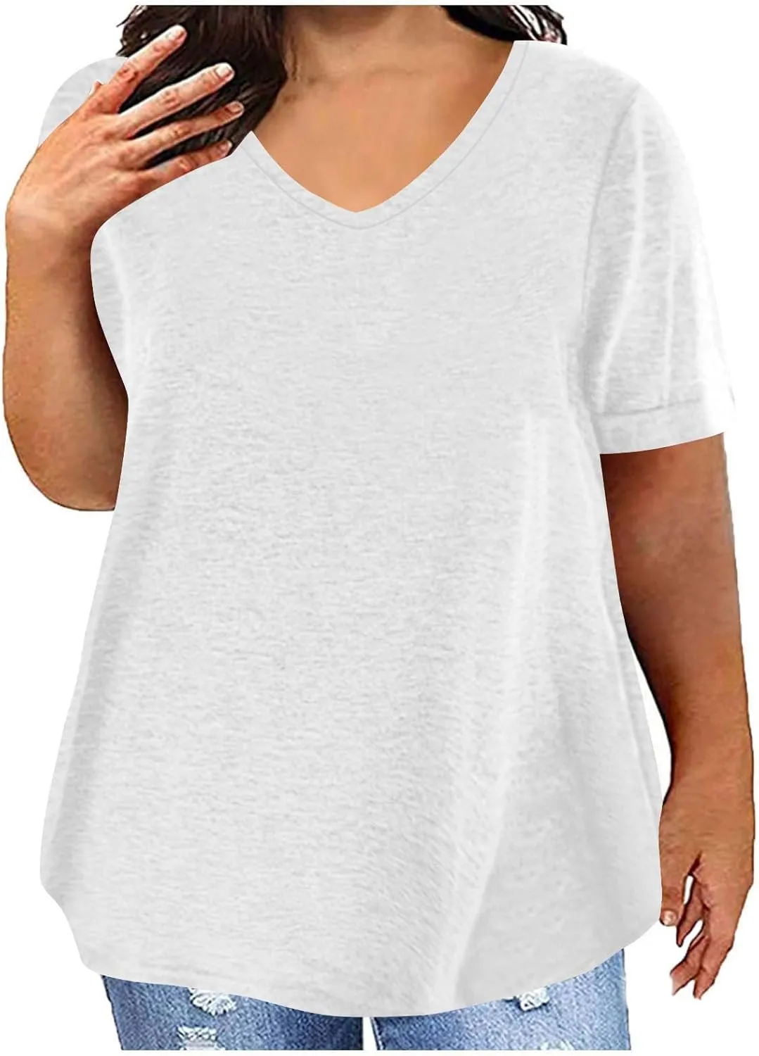Womens Plus Size Summer Tops Short Sleeve V Neck T Shirts Casual Loose Fit Solid Tshirts Oversized Going Out Tees