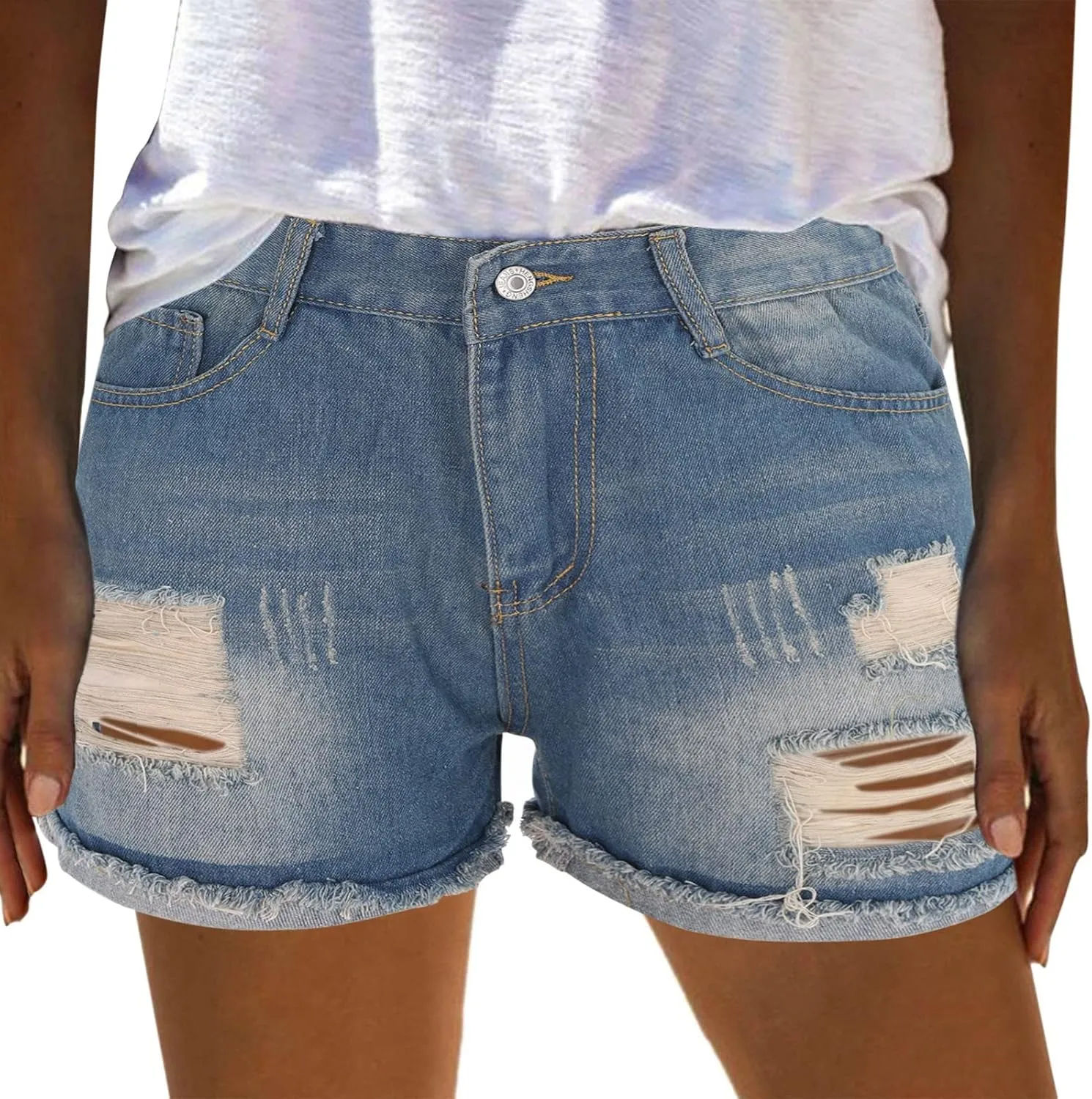 Women's Ripped Denim Shorts with Pockets,High-Waisted Stretch Fit,Distressed Hem Casual Summer Style