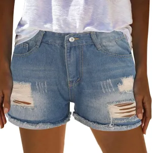Women's Ripped Denim Shorts with Pockets,High-Waisted Stretch Fit,Distressed Hem Casual Summer Style