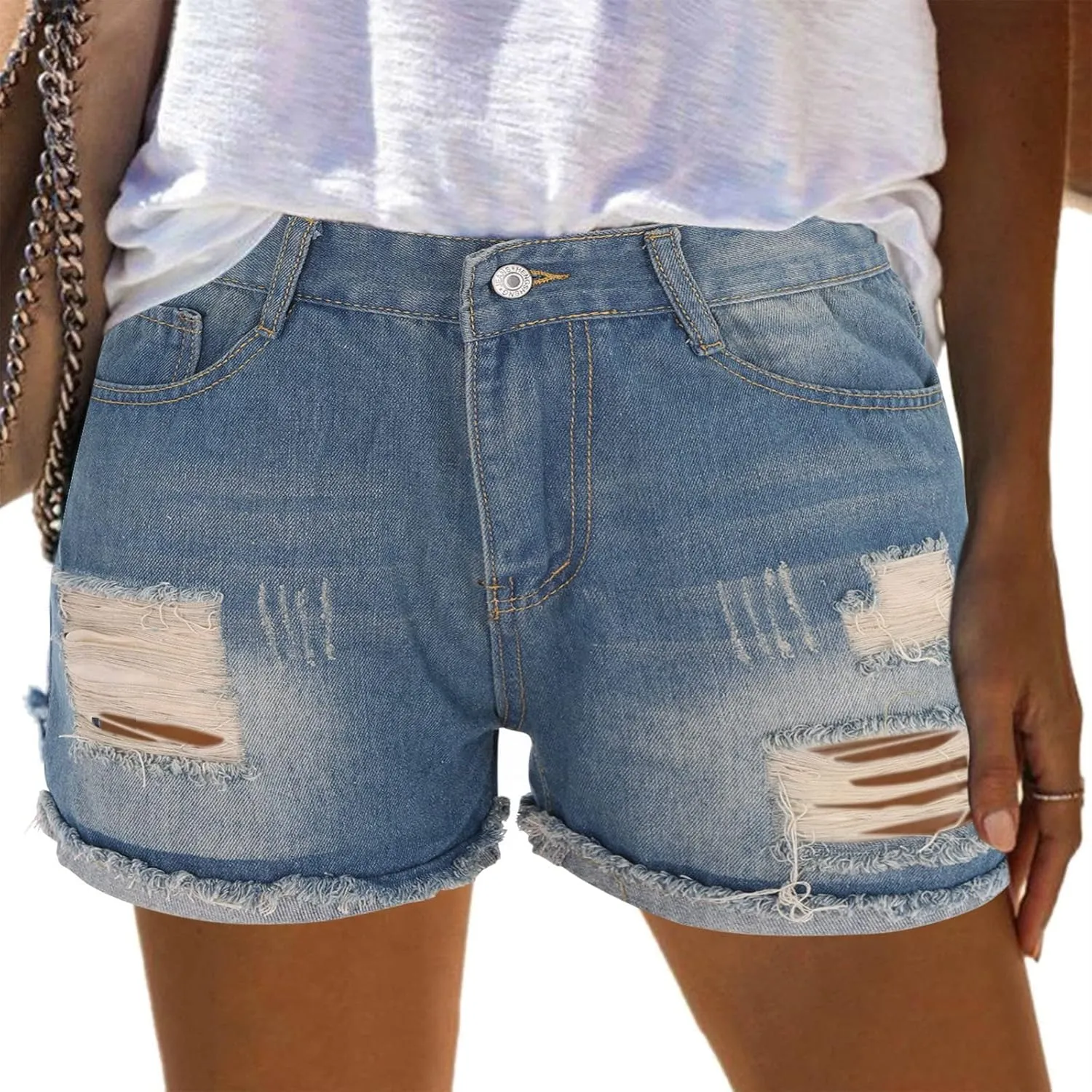 Women's Ripped Denim Shorts with Pockets,High-Waisted Stretch Fit,Distressed Hem Casual Summer Style