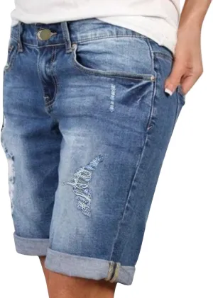 Women's Ripped Denim Shorts with Pockets,High-Waisted Stretch Fit,Distressed Hem Casual Summer Style