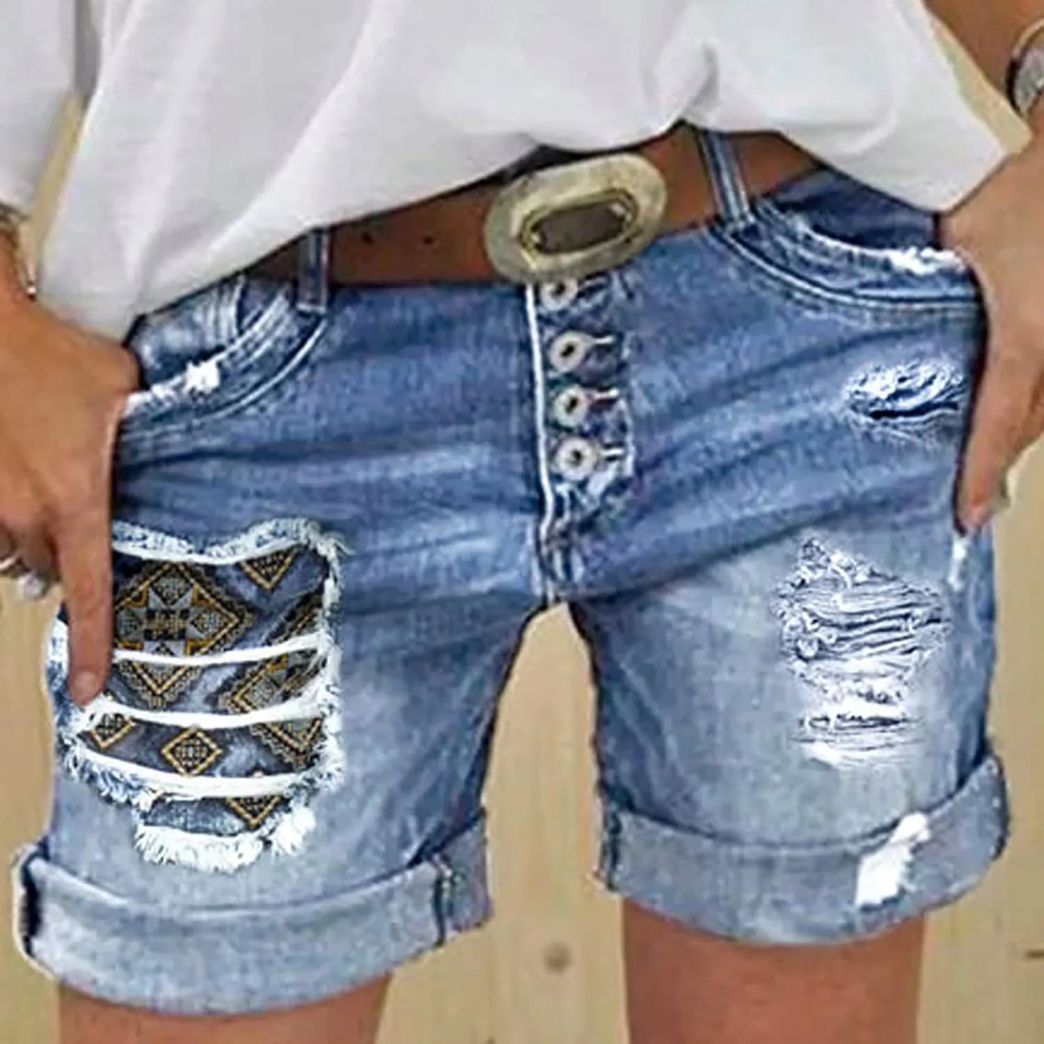 Women's Ripped Denim Shorts with Pockets,High-Waisted Stretch Fit,Distressed Hem Casual Summer Style