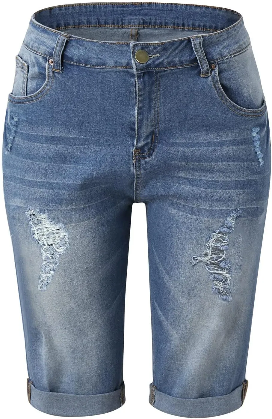 Women's Ripped Denim Shorts with Pockets,High-Waisted Stretch Fit,Distressed Hem Casual Summer Style