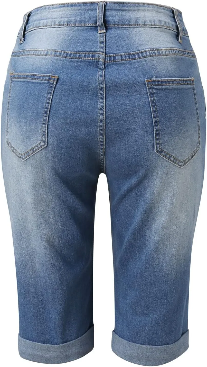 Women's Ripped Denim Shorts with Pockets,High-Waisted Stretch Fit,Distressed Hem Casual Summer Style