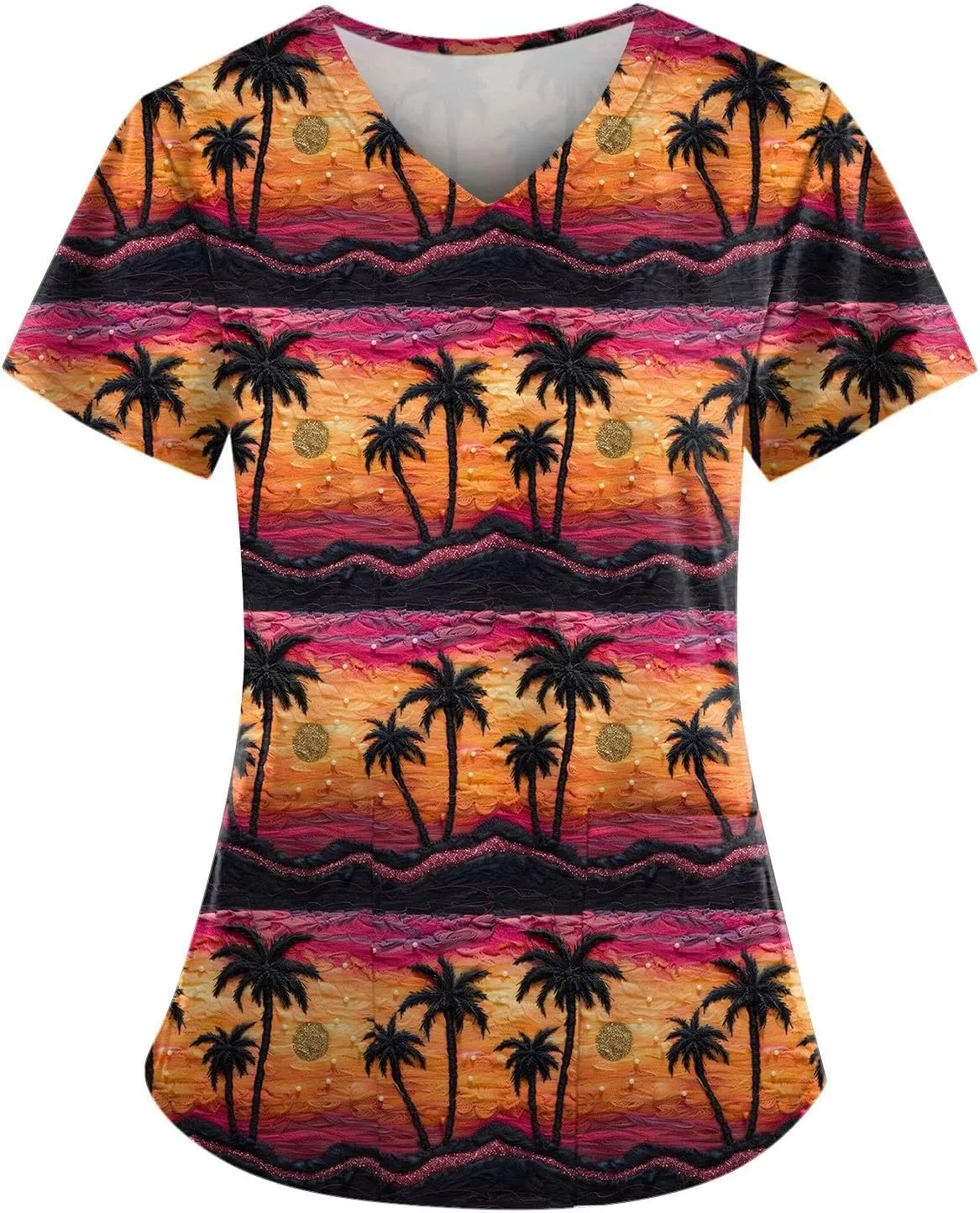 Womens Scrubs Hawaiian Printing V Neck Medical Uniform T Shirts 2024 Summer Stretchy Working Pocket Tops