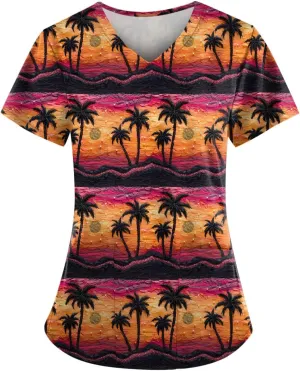 Womens Scrubs Hawaiian Printing V Neck Medical Uniform T Shirts 2024 Summer Stretchy Working Pocket Tops