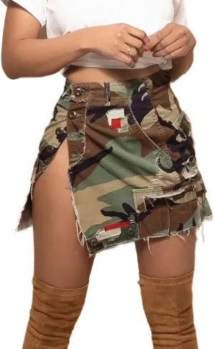 Women's Sexy Mini Skirts Camo Cargo Distressed Ripped Short Length Casual Skirt
