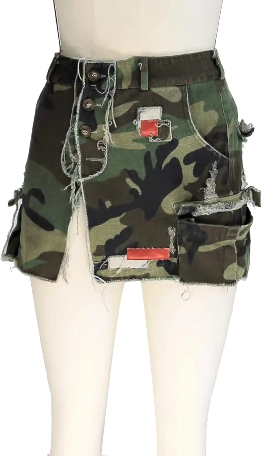 Women's Sexy Mini Skirts Camo Cargo Distressed Ripped Short Length Casual Skirt