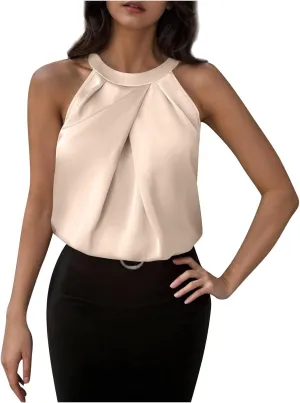 Womens Silk Satin Tank Tops Halter Neck Sleeveless Pullover Top 2025 Summer Basic Blouse Fashion Work Tshirts