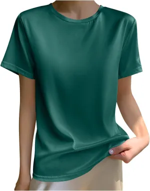 Women's Silk Satin Tops Summer Short Sleeve T Shirt Basic Solid Color Bottoming Tee Shirts Casual Blouse