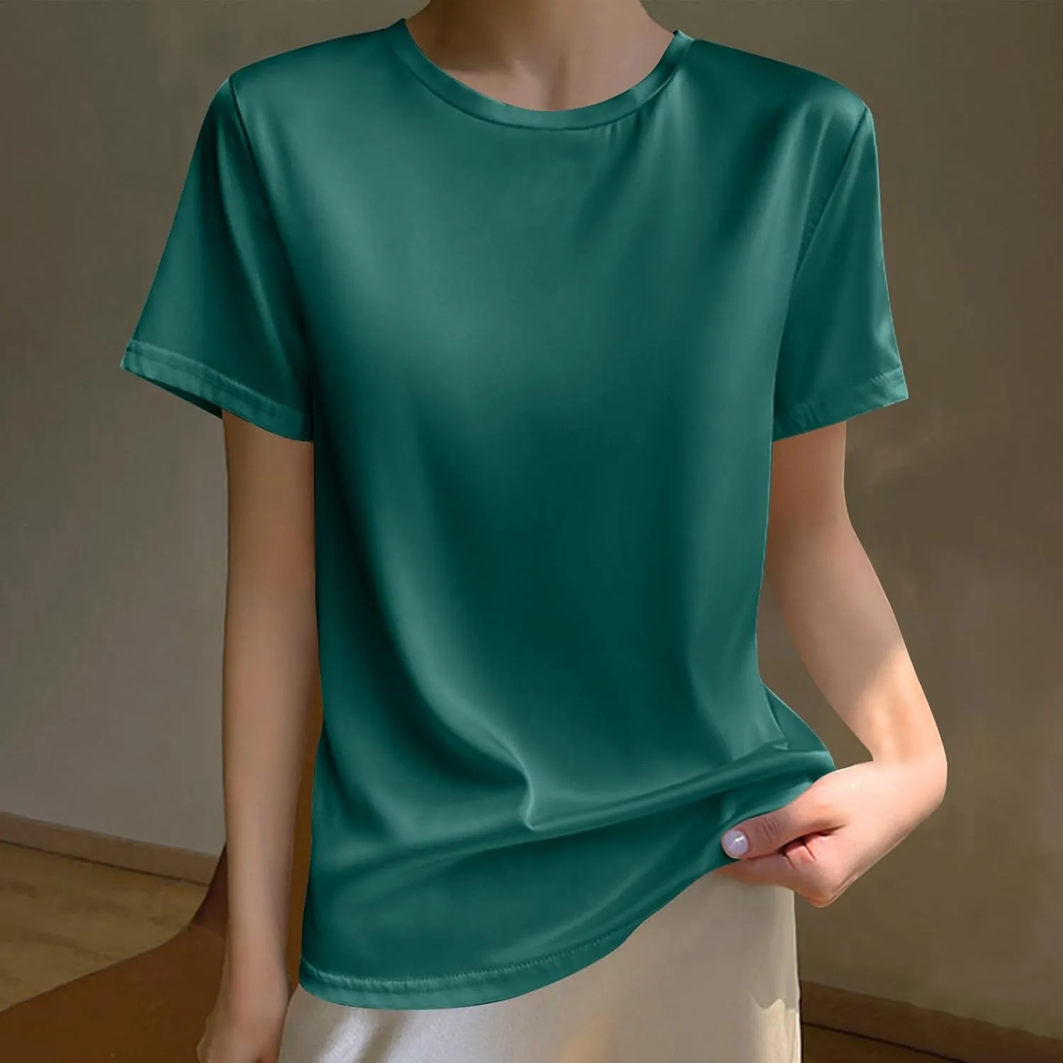 Women's Silk Satin Tops Summer Short Sleeve T Shirt Basic Solid Color Bottoming Tee Shirts Casual Blouse