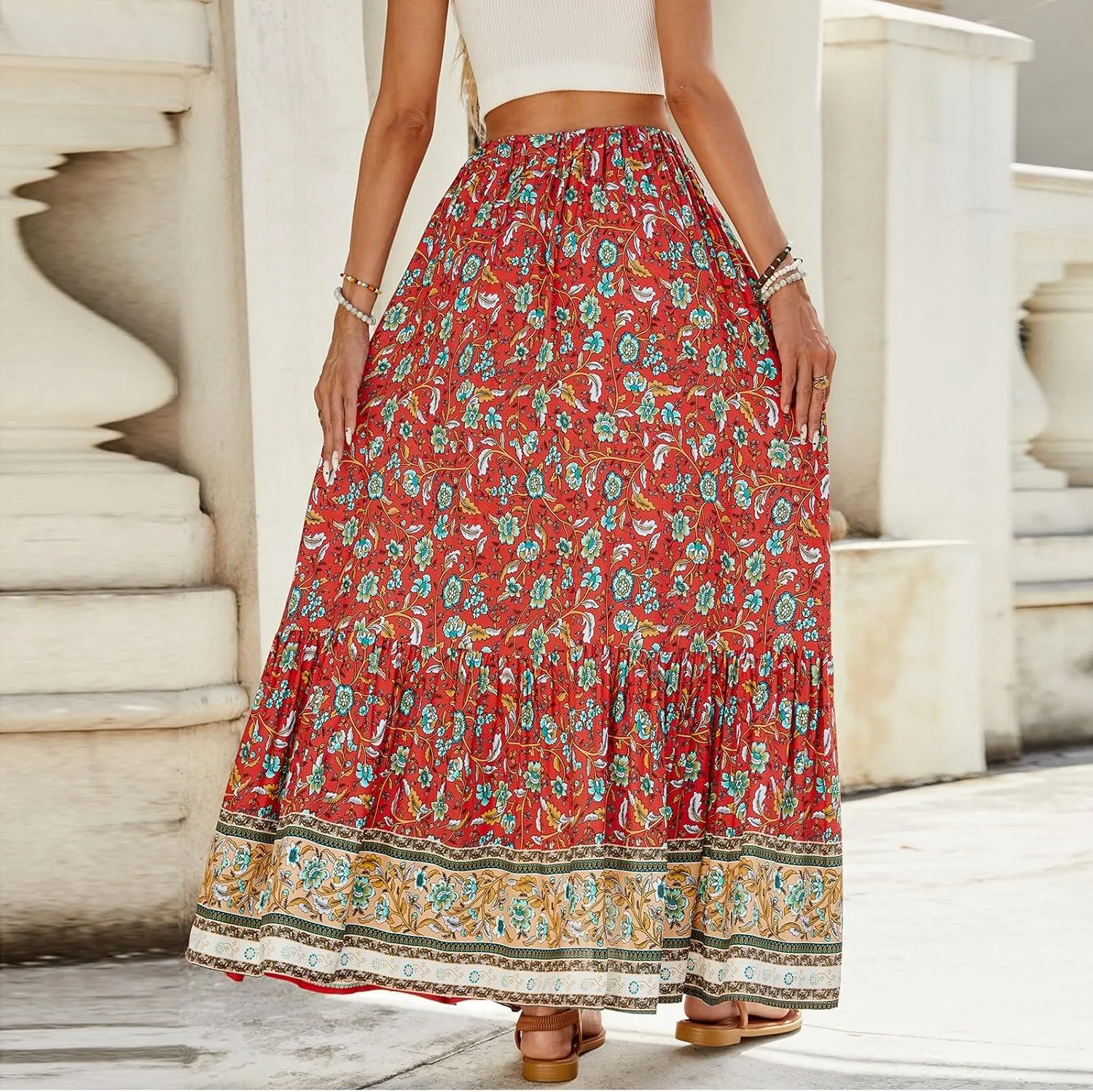 Women's Skirts,Wrap Tiered Hawaiian Flowy Maxi Skirts for Women 2025 Trendy Long Boho Skirt Spring Summer