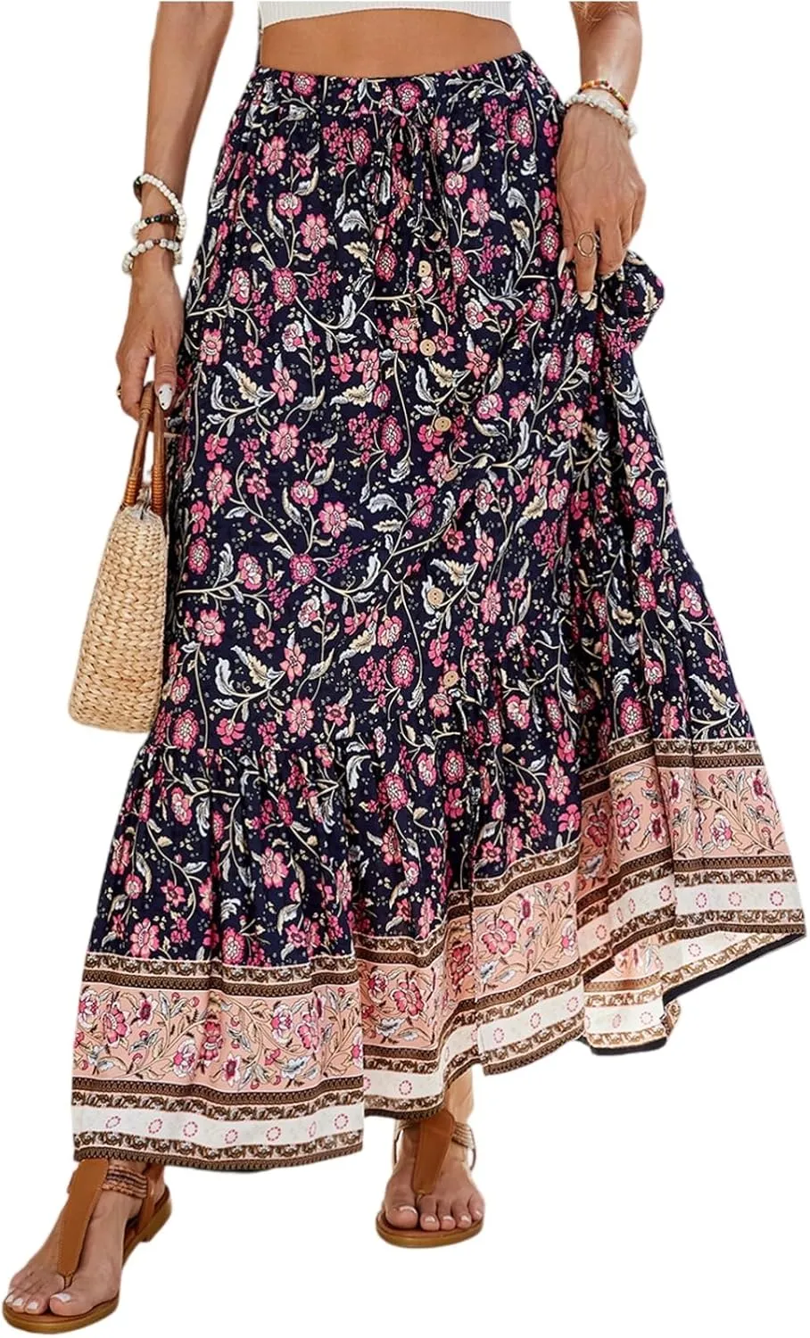 Women's Skirts,Wrap Tiered Hawaiian Flowy Maxi Skirts for Women 2025 Trendy Long Boho Skirt Spring Summer