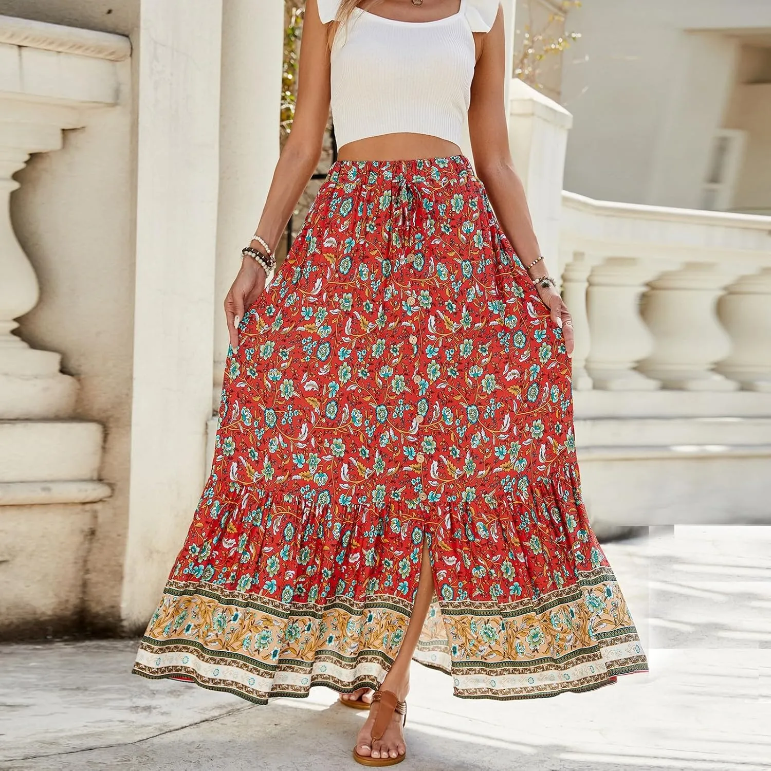 Women's Skirts,Wrap Tiered Hawaiian Flowy Maxi Skirts for Women 2025 Trendy Long Boho Skirt Spring Summer