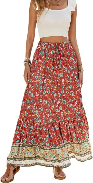 Women's Skirts,Wrap Tiered Hawaiian Flowy Maxi Skirts for Women 2025 Trendy Long Boho Skirt Spring Summer