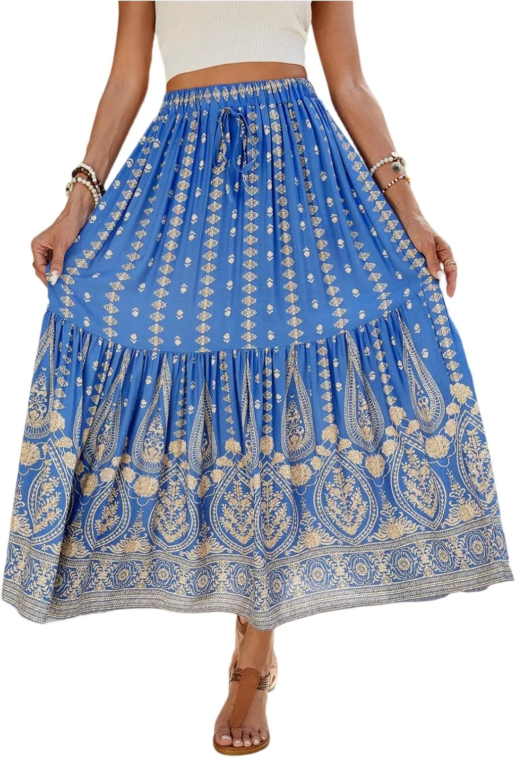 Women's Skirts,Wrap Tiered Hawaiian Flowy Maxi Skirts for Women 2025 Trendy Long Boho Skirt Spring Summer