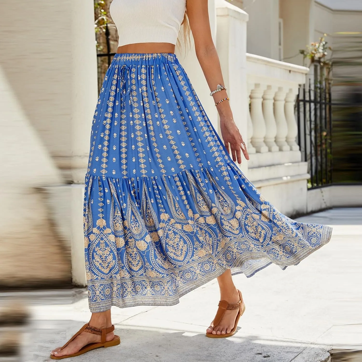 Women's Skirts,Wrap Tiered Hawaiian Flowy Maxi Skirts for Women 2025 Trendy Long Boho Skirt Spring Summer