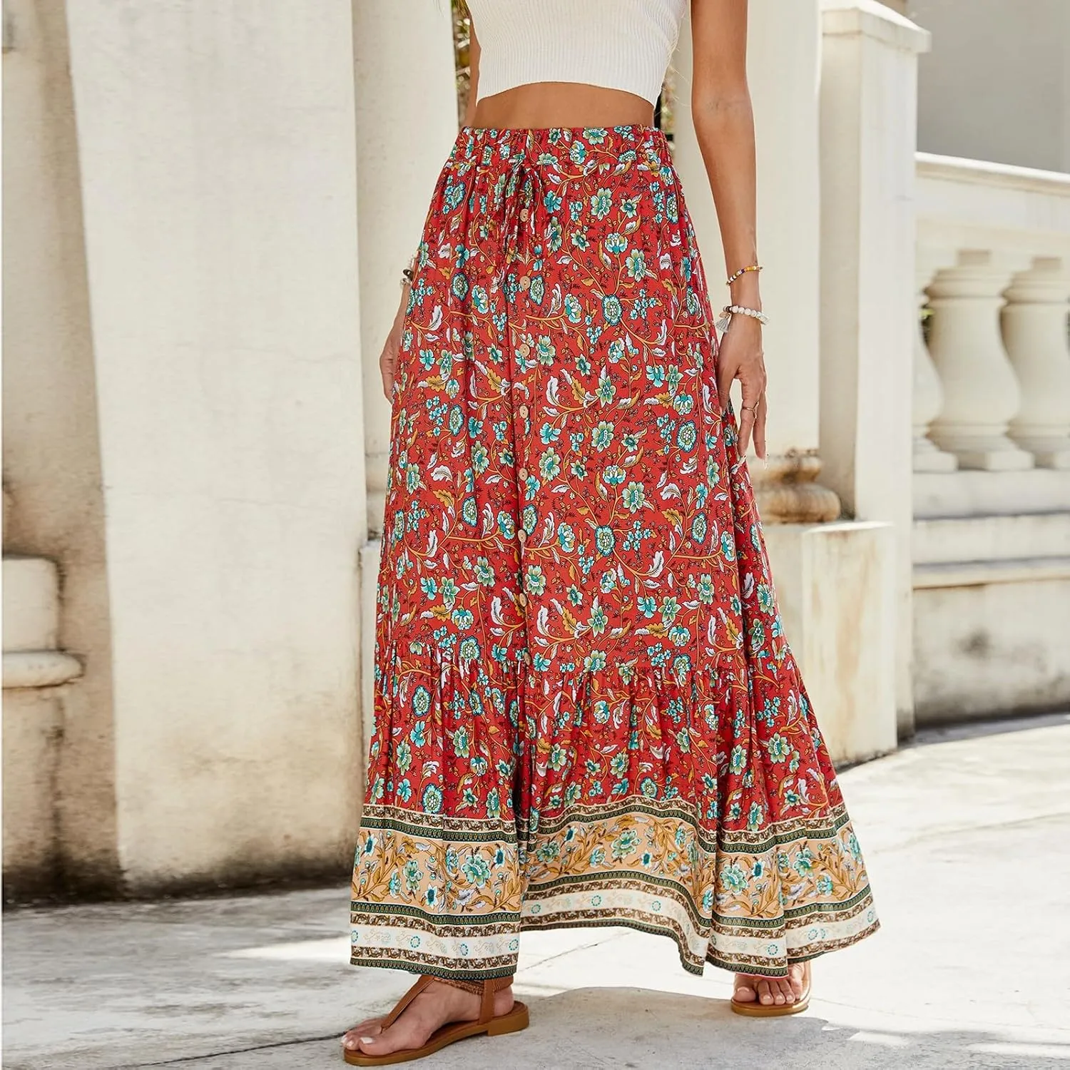 Women's Skirts,Wrap Tiered Hawaiian Flowy Maxi Skirts for Women 2025 Trendy Long Boho Skirt Spring Summer