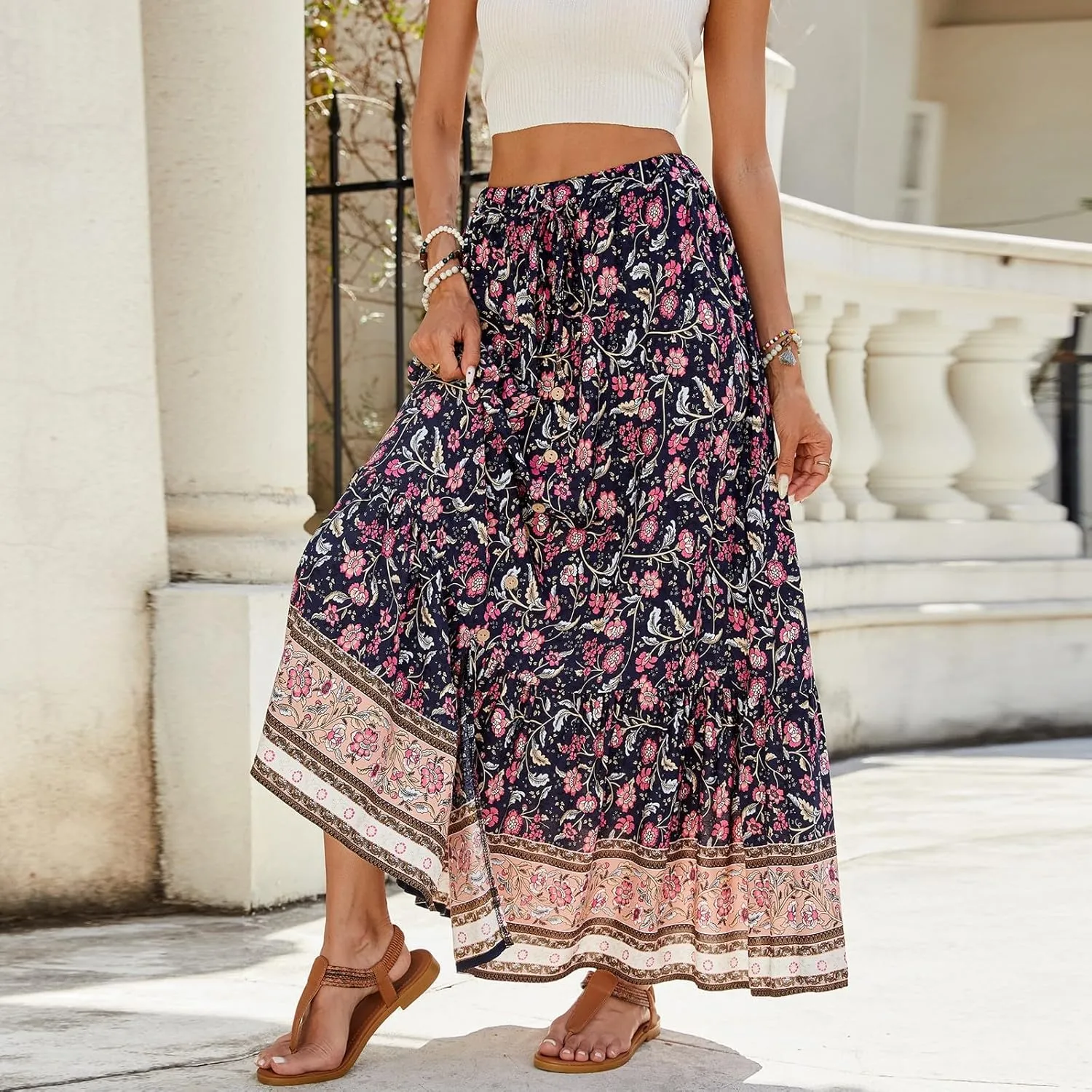 Women's Skirts,Wrap Tiered Hawaiian Flowy Maxi Skirts for Women 2025 Trendy Long Boho Skirt Spring Summer