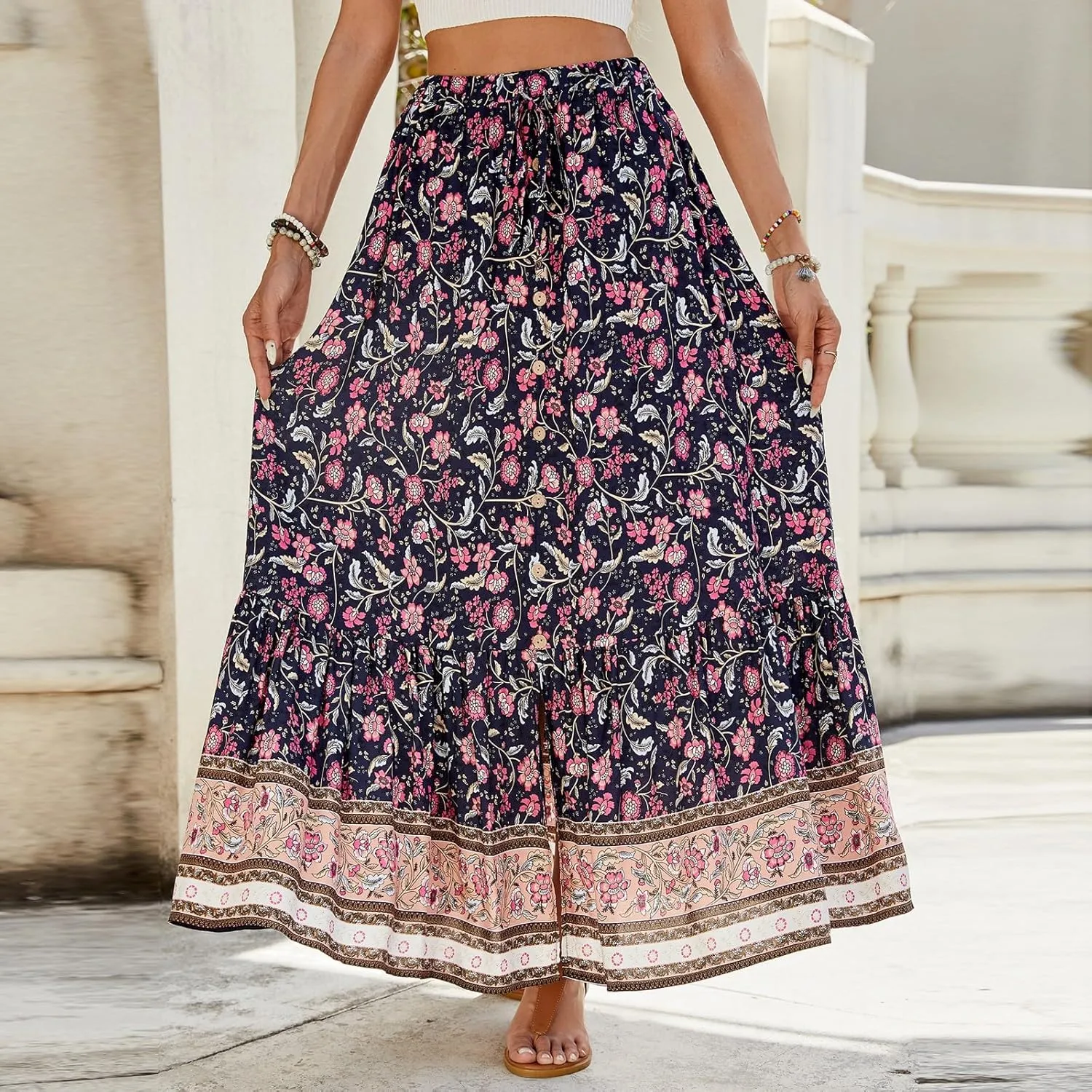 Women's Skirts,Wrap Tiered Hawaiian Flowy Maxi Skirts for Women 2025 Trendy Long Boho Skirt Spring Summer