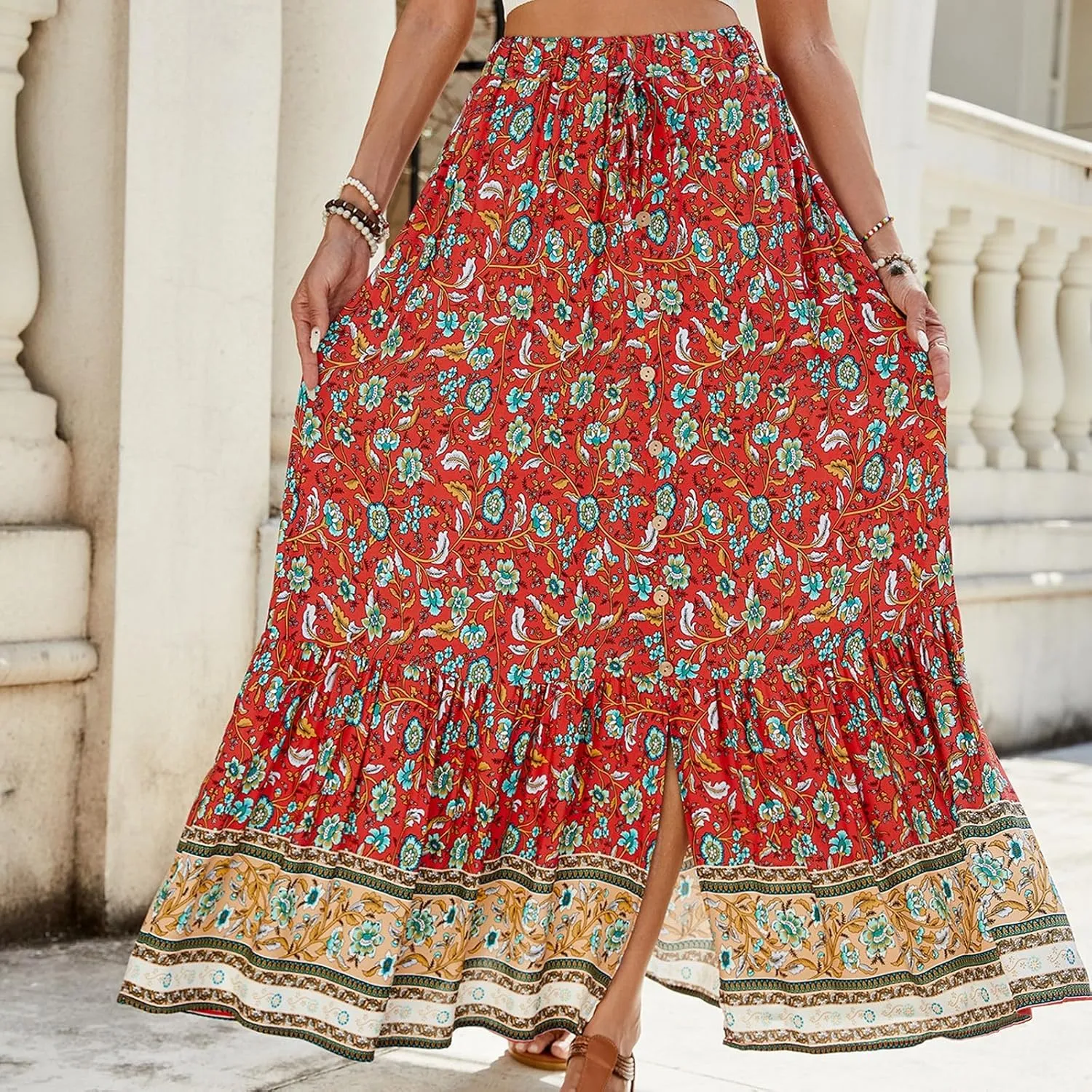 Women's Skirts,Wrap Tiered Hawaiian Flowy Maxi Skirts for Women 2025 Trendy Long Boho Skirt Spring Summer