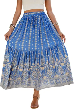 Women's Skirts,Wrap Tiered Hawaiian Flowy Maxi Skirts for Women 2025 Trendy Long Boho Skirt Spring Summer