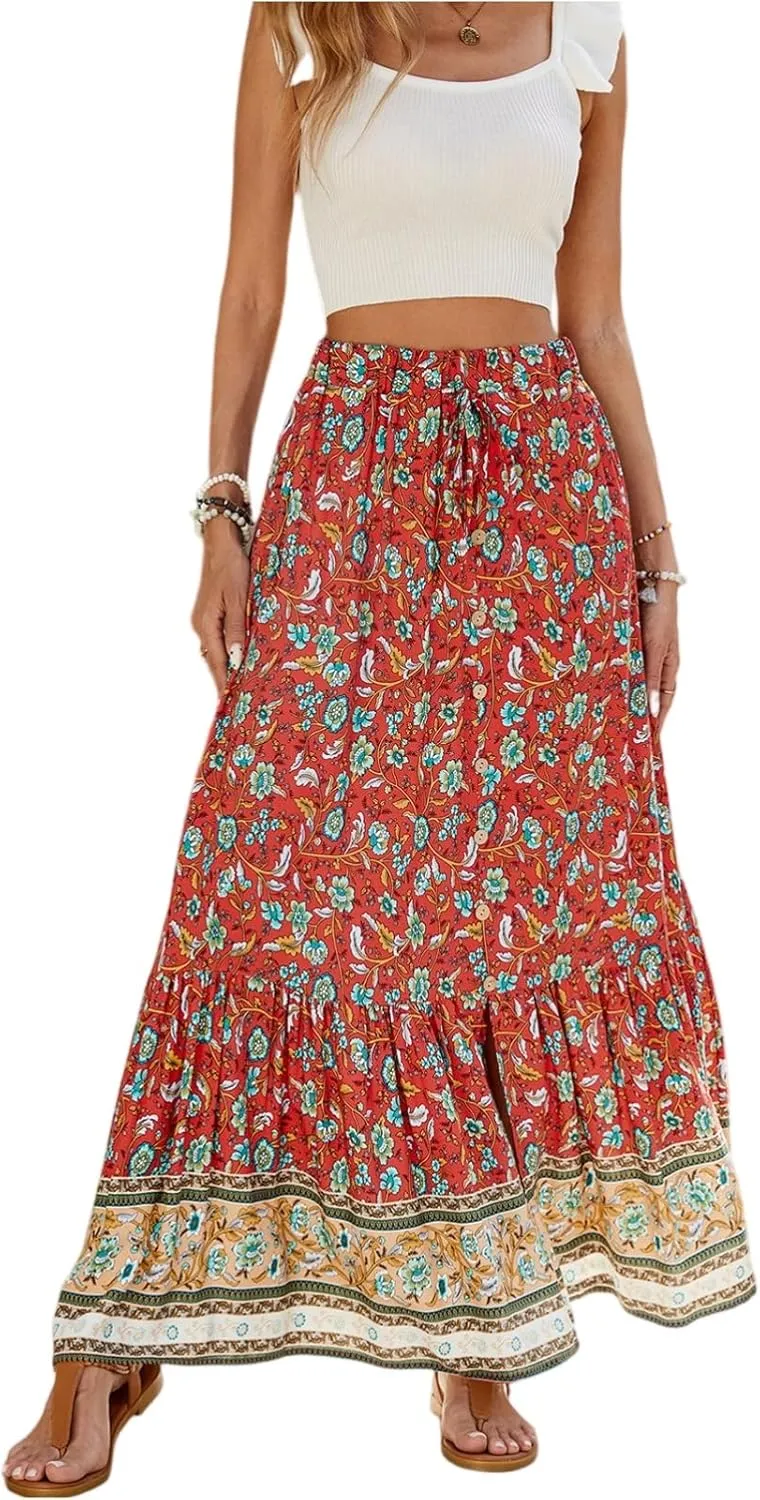 Women's Skirts,Wrap Tiered Hawaiian Flowy Maxi Skirts for Women 2025 Trendy Long Boho Skirt Spring Summer