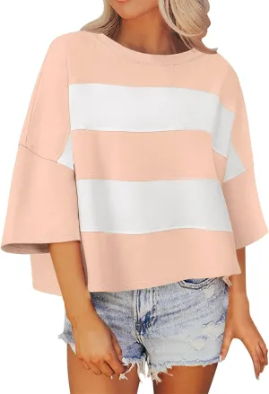 Women's Summer 2025 3/4 Sleeve Casual Tee Tops Dressy Striped Crewneck Drop Shoulder Color Block Oversized T-Shirts