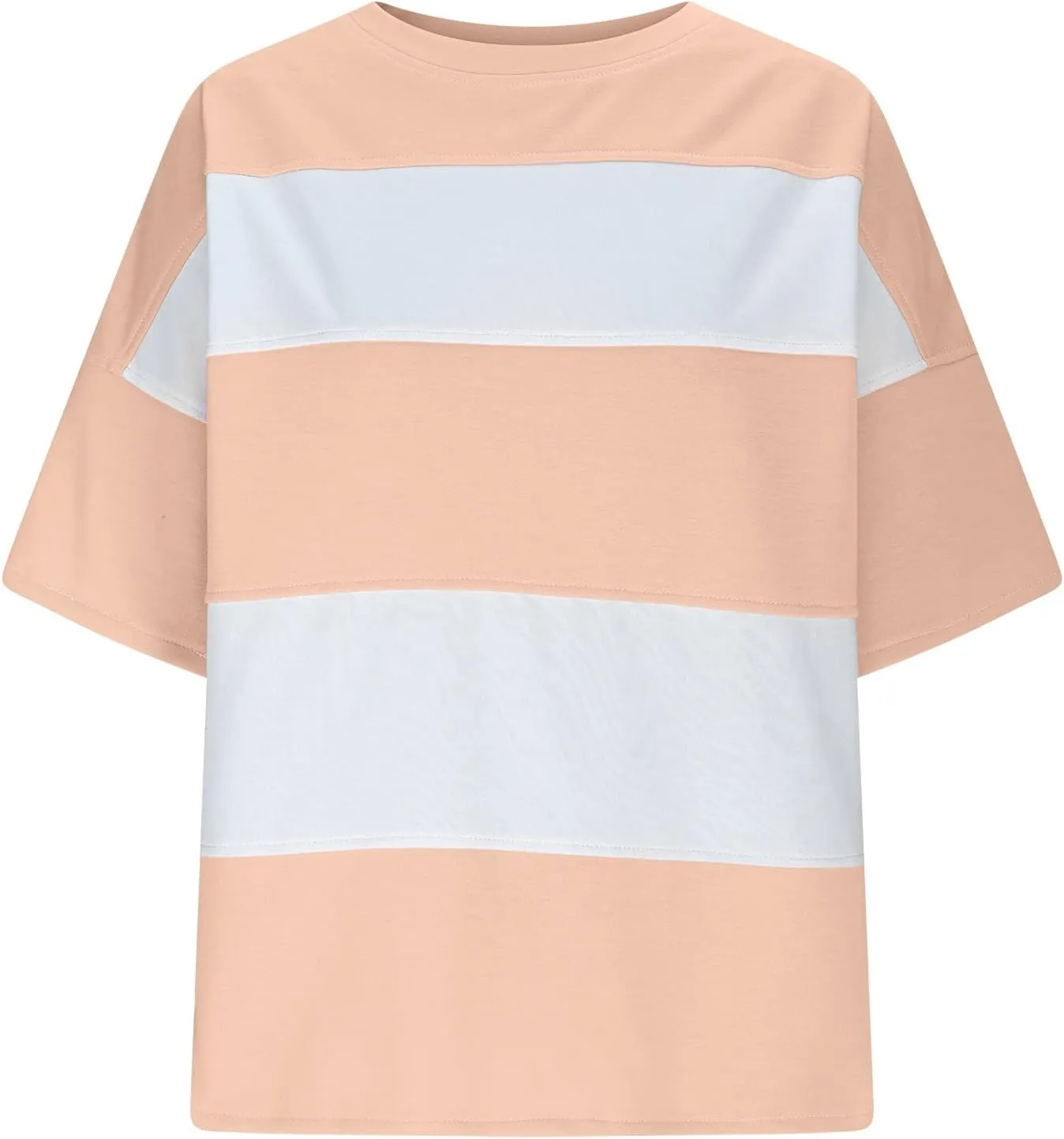 Women's Summer 2025 3/4 Sleeve Casual Tee Tops Dressy Striped Crewneck Drop Shoulder Color Block Oversized T-Shirts