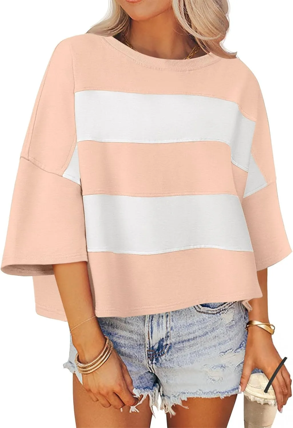 Women's Summer 2025 3/4 Sleeve Casual Tee Tops Dressy Striped Crewneck Drop Shoulder Color Block Oversized T-Shirts
