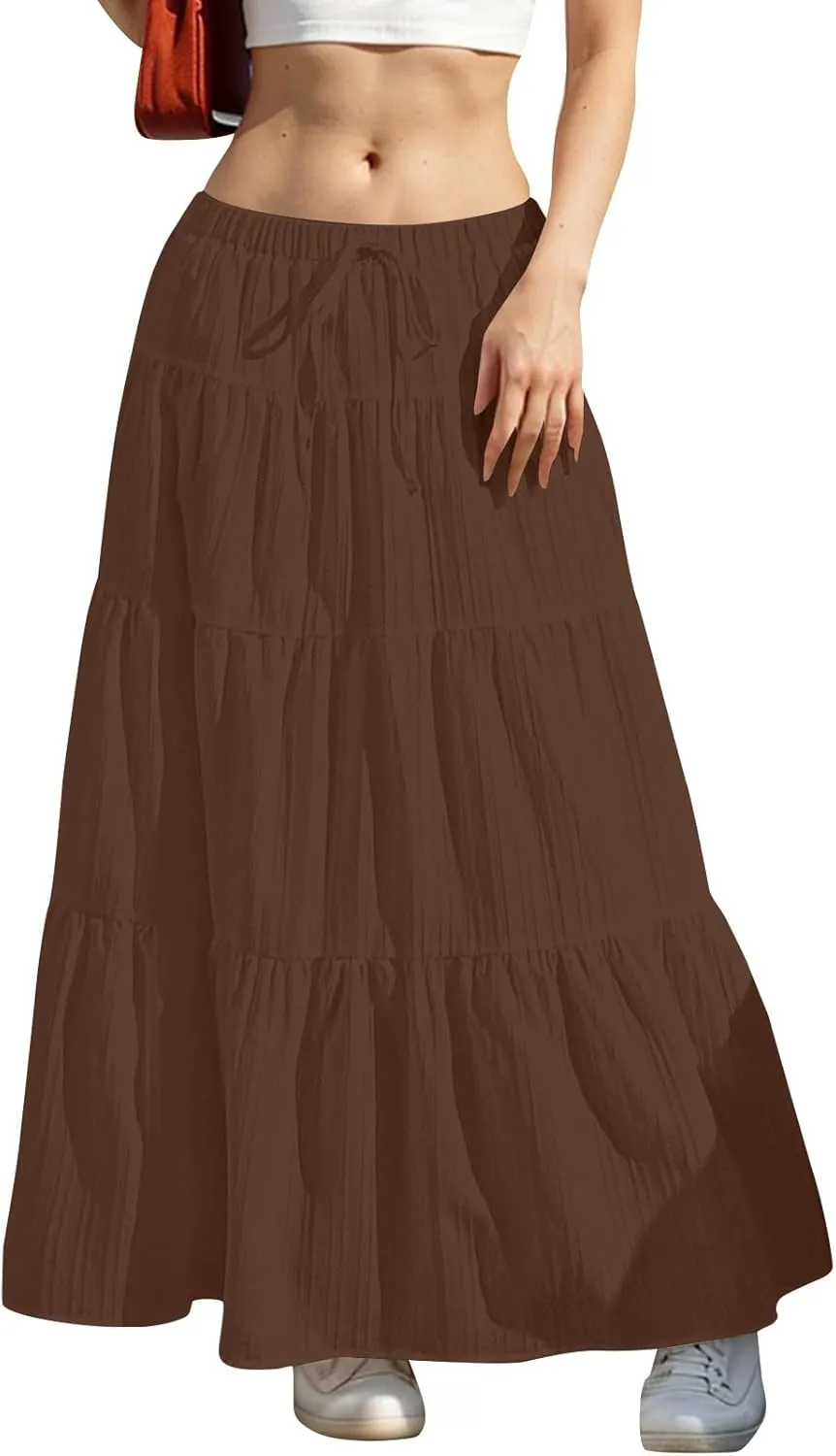 Womens Summer Boho Flowy Swing Tiered A-Line Maxi Skirt 2025 Trendy Elastic Waist Tie Ruffle Pleated Beach Dress