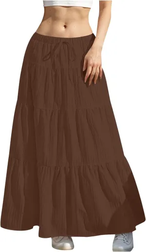 Womens Summer Boho Flowy Swing Tiered A-Line Maxi Skirt 2025 Trendy Elastic Waist Tie Ruffle Pleated Beach Dress