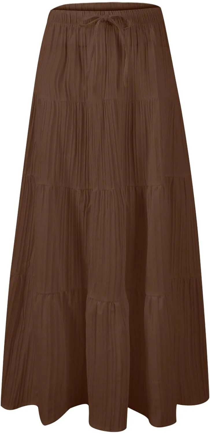 Womens Summer Boho Flowy Swing Tiered A-Line Maxi Skirt 2025 Trendy Elastic Waist Tie Ruffle Pleated Beach Dress