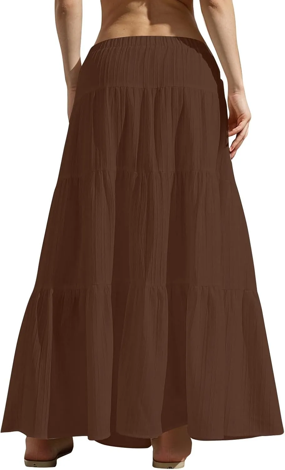 Womens Summer Boho Flowy Swing Tiered A-Line Maxi Skirt 2025 Trendy Elastic Waist Tie Ruffle Pleated Beach Dress