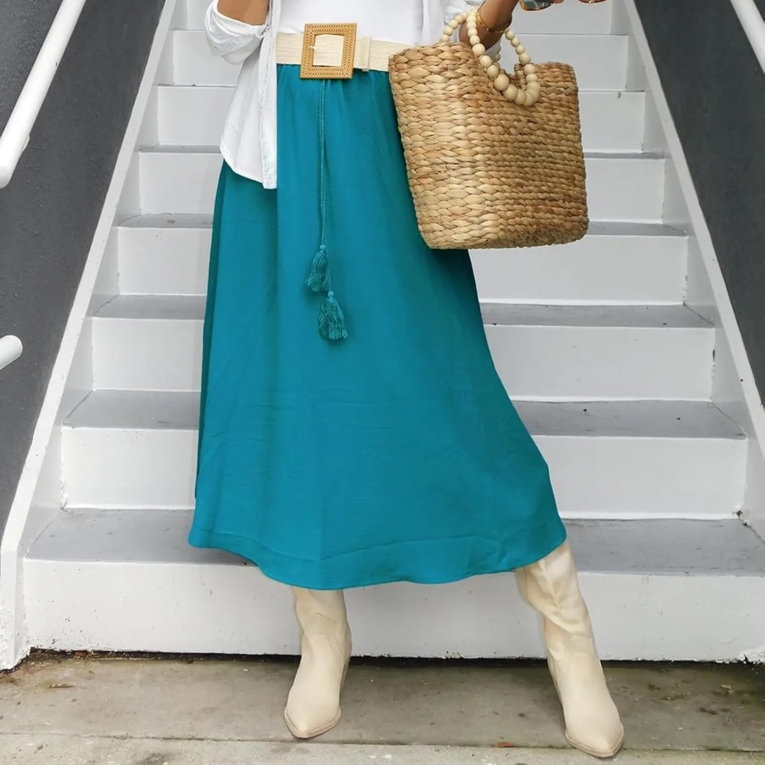 Womens Summer Boho Maxi Skirt Casual Comfy Elastic Waisted Skirts A-Line Flowy Ruffle Tiered Skirts