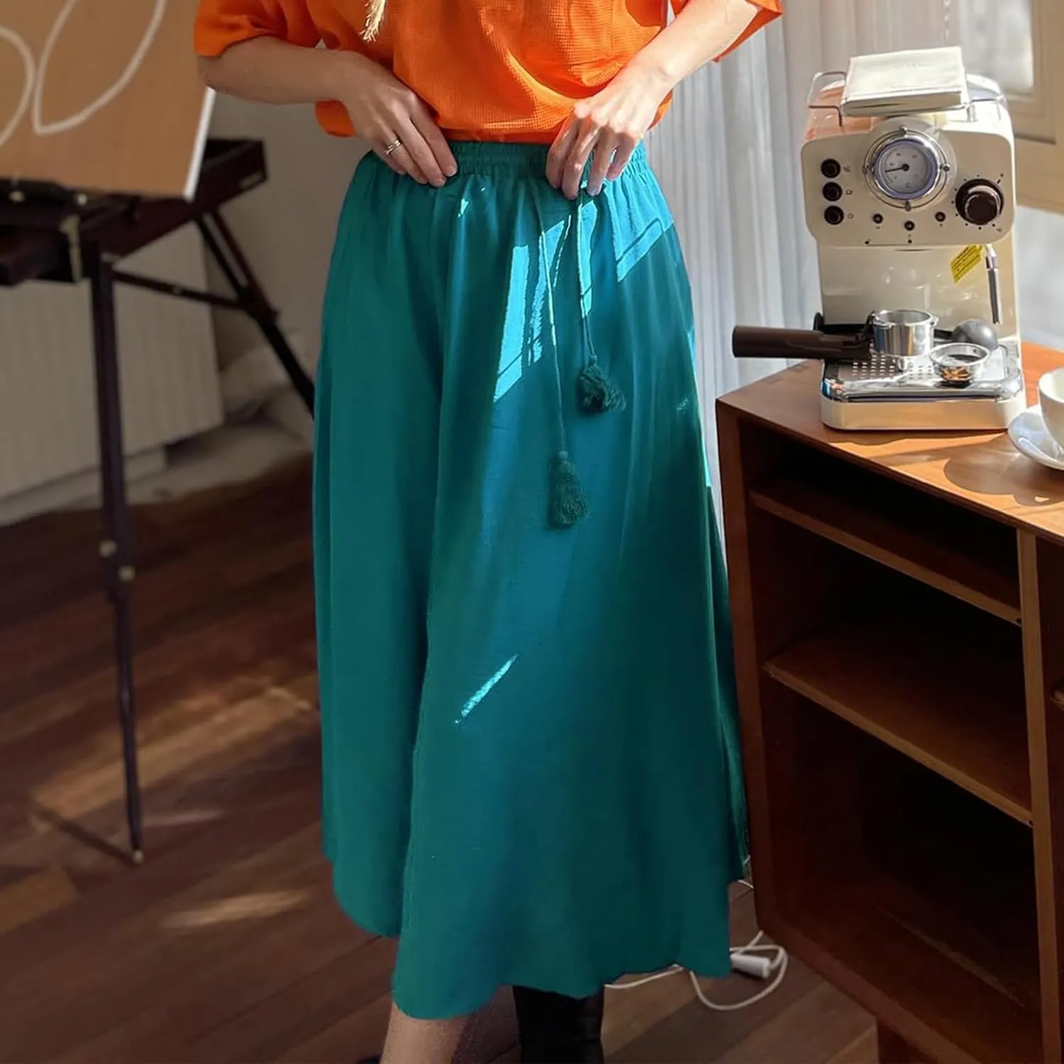 Womens Summer Boho Maxi Skirt Casual Comfy Elastic Waisted Skirts A-Line Flowy Ruffle Tiered Skirts