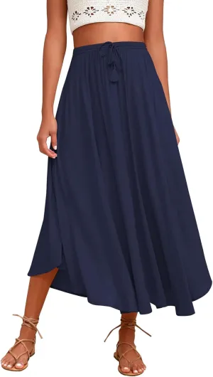 Womens Summer Boho Maxi Skirt Casual Comfy Elastic Waisted Skirts A-Line Flowy Ruffle Tiered Skirts