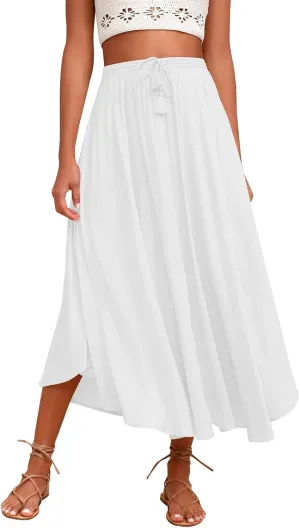 Womens Summer Boho Maxi Skirt Casual Comfy Elastic Waisted Skirts A-Line Flowy Ruffle Tiered Skirts