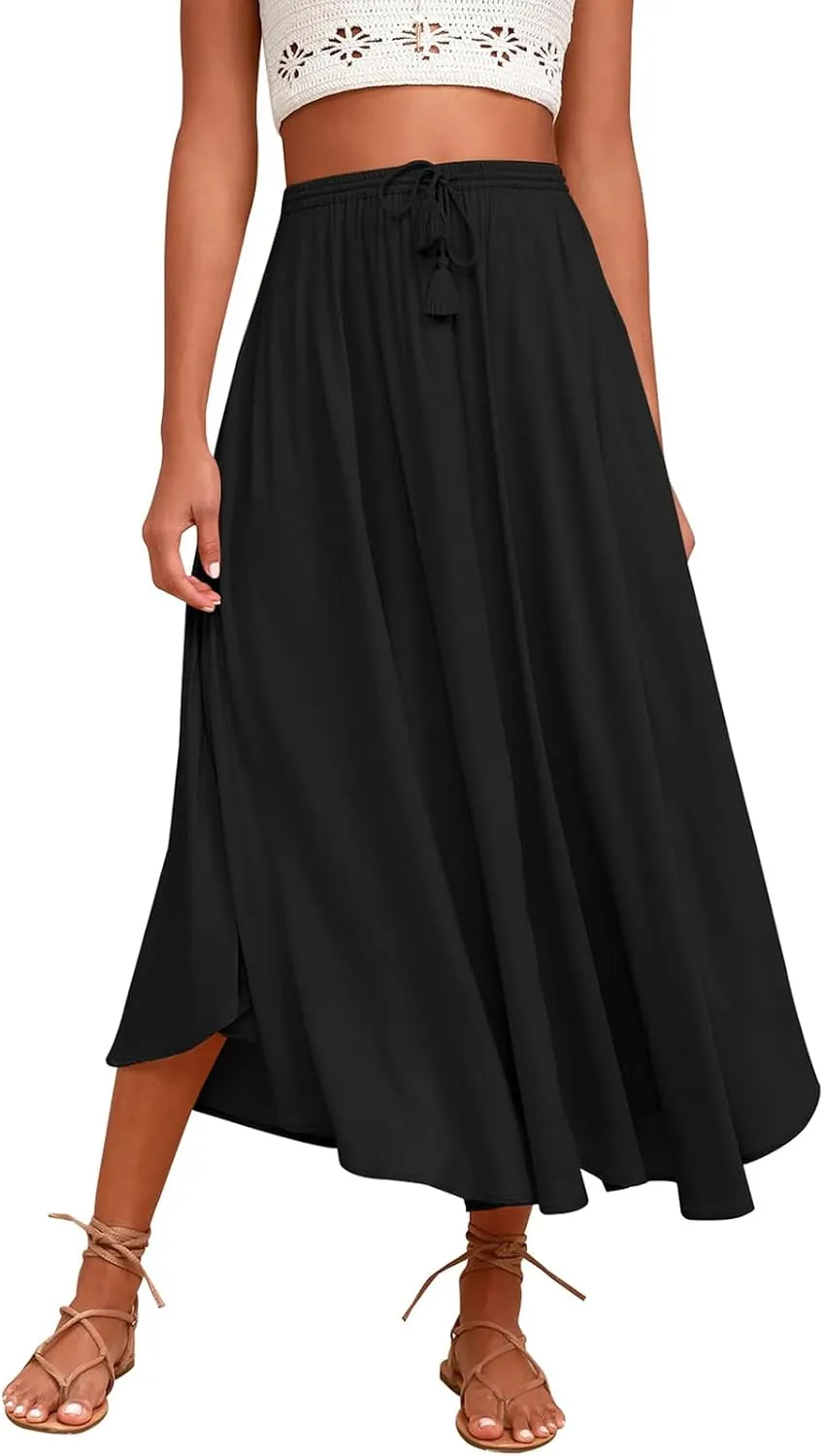 Womens Summer Boho Maxi Skirt Casual Comfy Elastic Waisted Skirts A-Line Flowy Ruffle Tiered Skirts