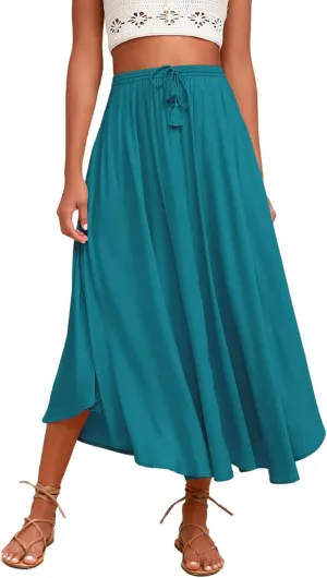 Womens Summer Boho Maxi Skirt Casual Comfy Elastic Waisted Skirts A-Line Flowy Ruffle Tiered Skirts