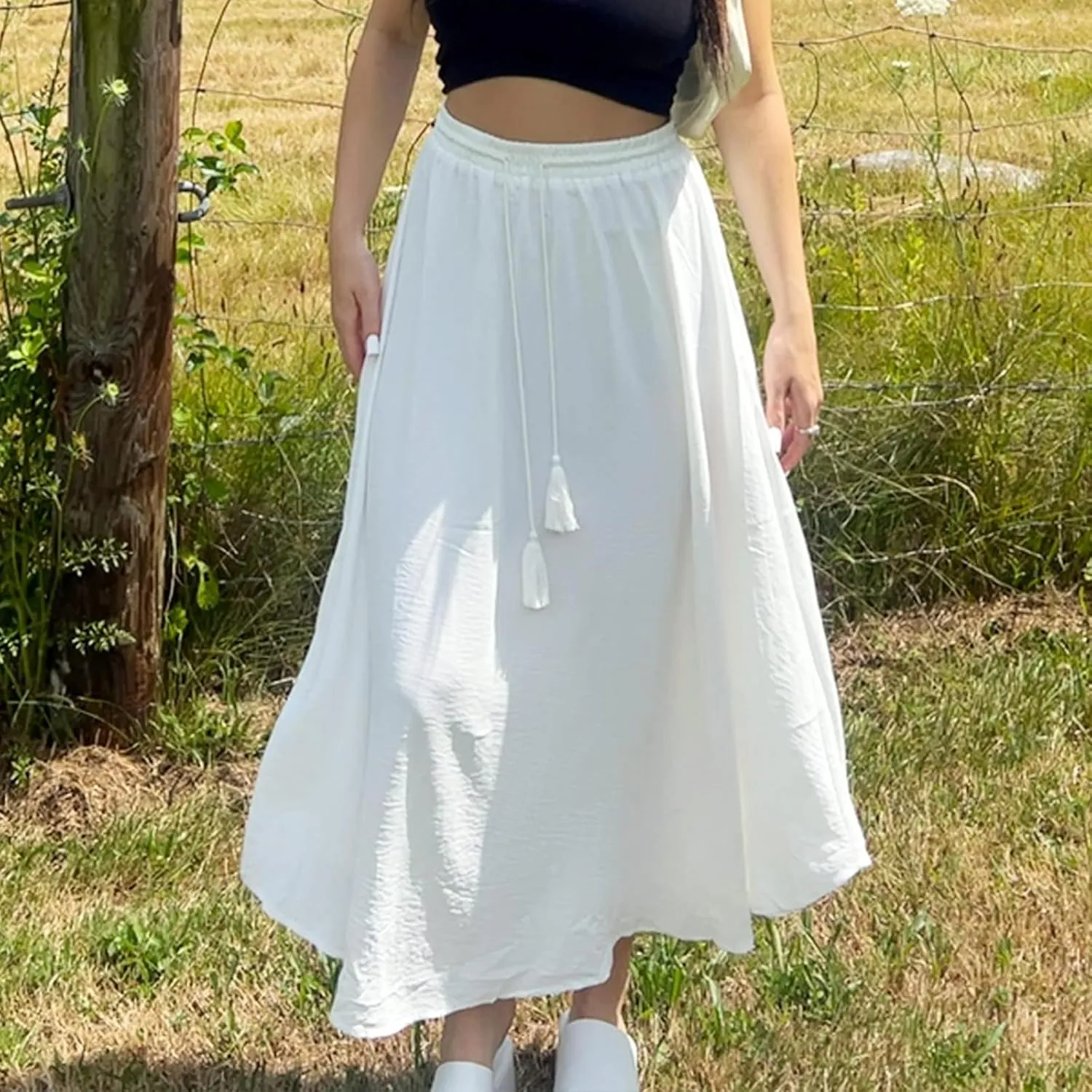 Womens Summer Boho Maxi Skirt Casual Comfy Elastic Waisted Skirts A-Line Flowy Ruffle Tiered Skirts