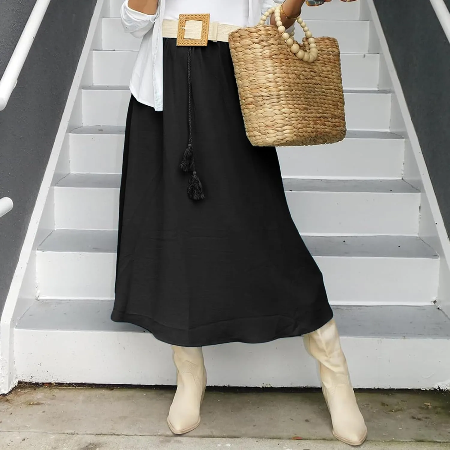 Womens Summer Boho Maxi Skirt Casual Comfy Elastic Waisted Skirts A-Line Flowy Ruffle Tiered Skirts