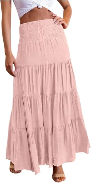 Women's Summer Casual Fashion Skirts Boho Print Elastic Waist Skirt Loose Comfortable High Waist Lace-Up Skirt