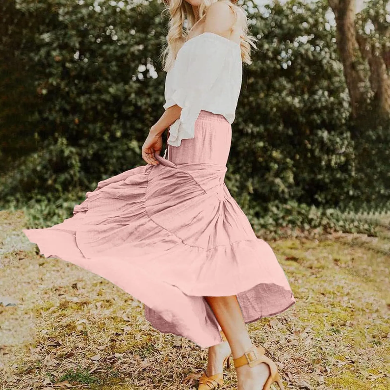 Women's Summer Casual Fashion Skirts Boho Print Elastic Waist Skirt Loose Comfortable High Waist Lace-Up Skirt