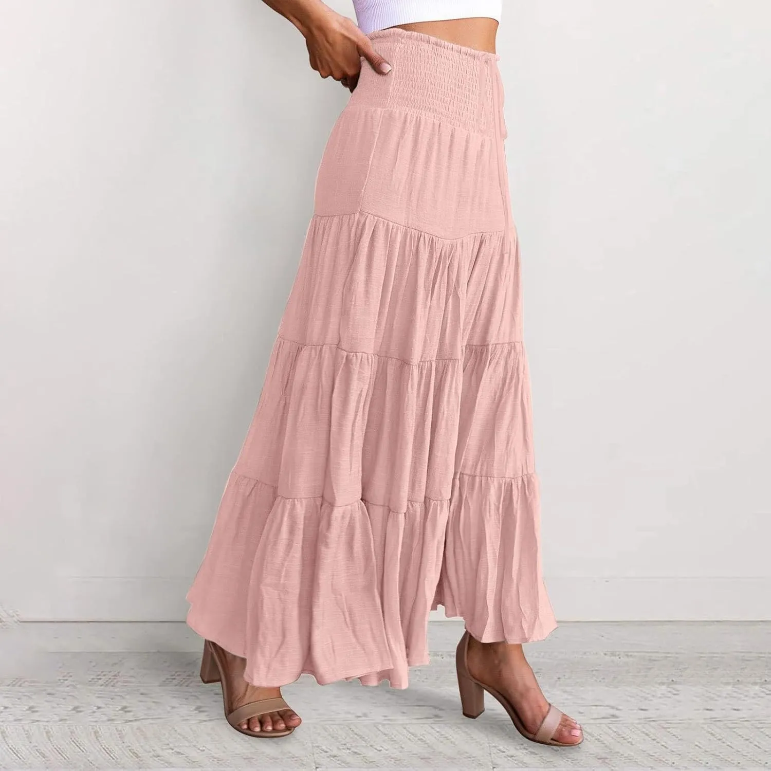 Women's Summer Casual Fashion Skirts Boho Print Elastic Waist Skirt Loose Comfortable High Waist Lace-Up Skirt