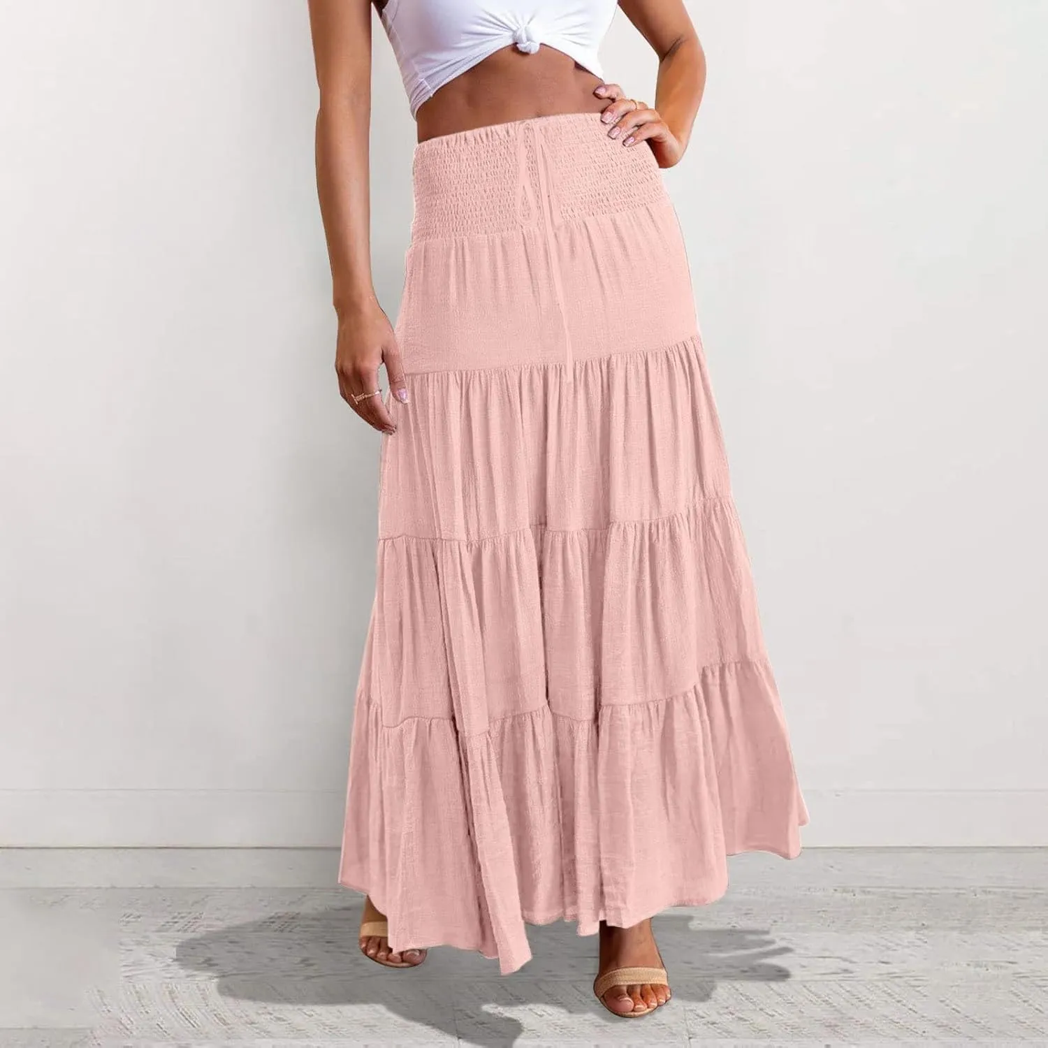 Women's Summer Casual Fashion Skirts Boho Print Elastic Waist Skirt Loose Comfortable High Waist Lace-Up Skirt