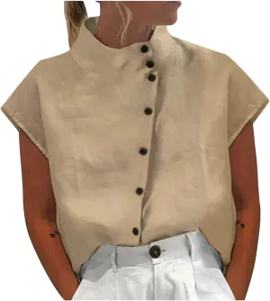 Womens Summer Cotton Linen Tops Cap Sleeve Mock Neck Casual Loose Fit Blouses Hollow Out Comfy Tshirts Shirts